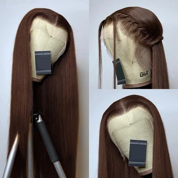 Предварително выщипанный мек 28-инчов кафяв кадифен директен дълъг косата е естествен, бесклеевой синтетичен завързана предни перука за жени, детски косата