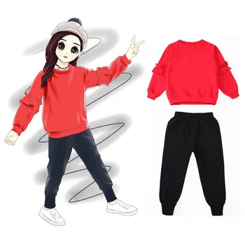 Пролетно-есенен комплект дрехи за тийнейджъри, червен пуловер и черни панталони с цветни ръкави за момичета, 2 броя, детска просто облекло за почивка