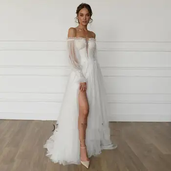 Реколта булчинска рокля, апликация с подвижни, буйни дълъг ръкав на сватбена рокля с мъниста, vestido de новия playero