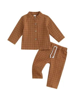 Риза с дълъг ръкав и копчета в клетка за малки момчета и панталони с еластичен ластик на талията, комплект за есен - ежедневни облекла от 2 теми