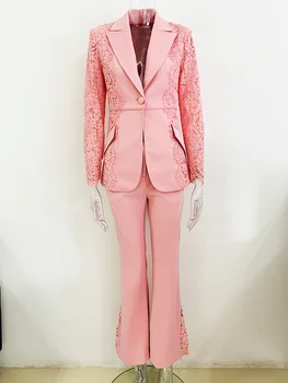 Розови дантелени панталони с цепка, костюми, оборудвана костюм на един пуговице, разкроена панталони, комплект от две части, на официална бизнес облекла, костюми, панталони, комплект