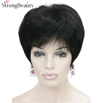 Силна красота, къси синтетични директни перуки, топлоустойчива черна коса за жени