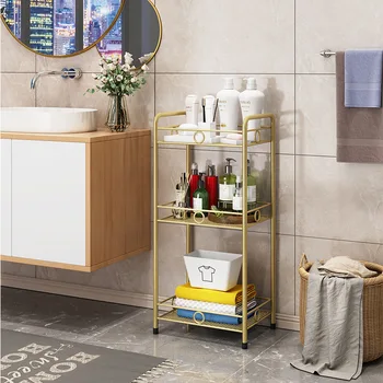 Скандинавска златна метална етажерка за баня, многослойни метални стелажи за съхранение на водоустойчив рафтове за душата, органайзер за баня