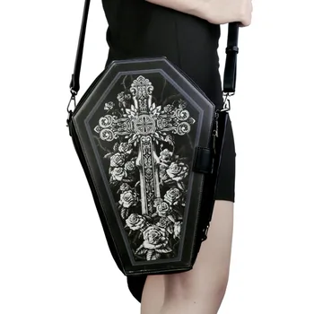 Чанта за Хелоуин във формата на ковчег, женствена чанта през рамо, по-голямата голям пътна чанта с принтом скелета и призрак, модерна чанта е от готик изкуствена кожа