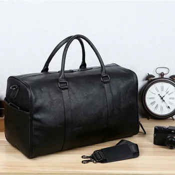 Черна мъжка чанта с голям капацитет, спортна чанта за почивните дни, чантата е от изкуствена кожа, чанта за ръчен багаж, мъжка чанта за фитнес, спортна чанта на рамото