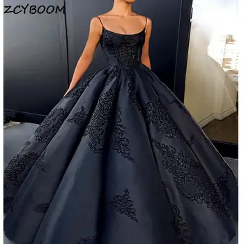 Черни вечерни рокли трапецовидна форма 2023, женски официалното рокля, елегантни рокли за спагети презрамки, апликации, дантелени рокли за абитуриентски бал с отворен гръб